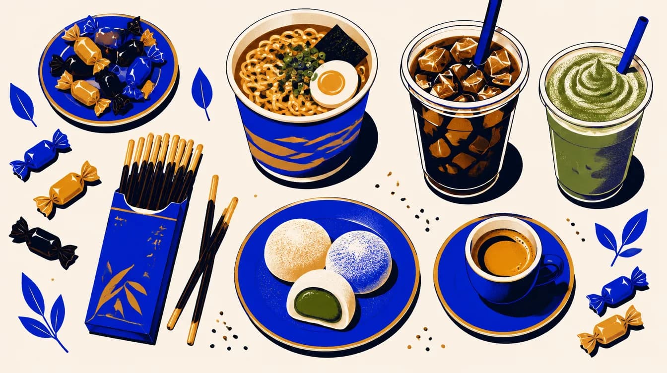 Illustrated flat lay of Pan-Asian snacks and coffee drinks