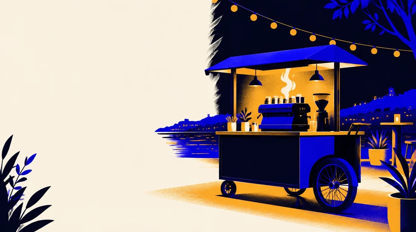 Illustration of the Daily Drip mobile espresso cart at an evening event